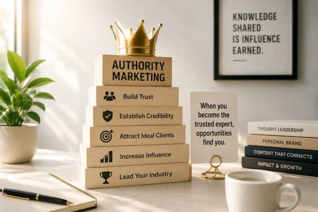 Authority marketing concept showing stacked blocks leading to trust, credibility, influence, and industry leadership, symbolizing how expertise helps businesses build a strong and trusted brand.