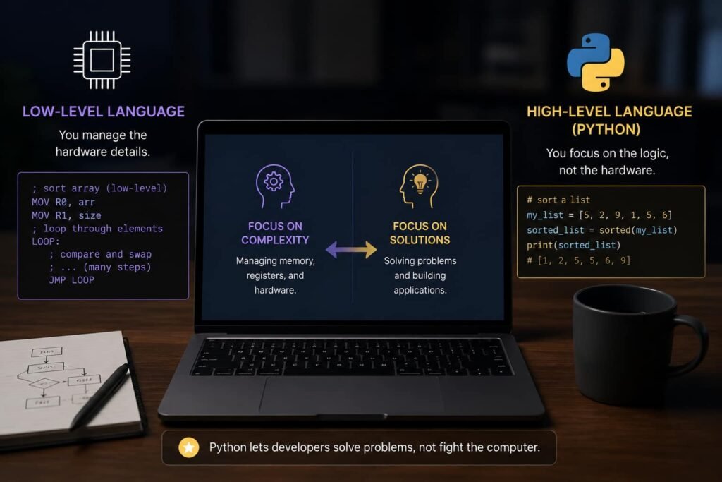 Comparison of low-level programming and Python as a high-level language, highlighting simplified coding and problem-solving.