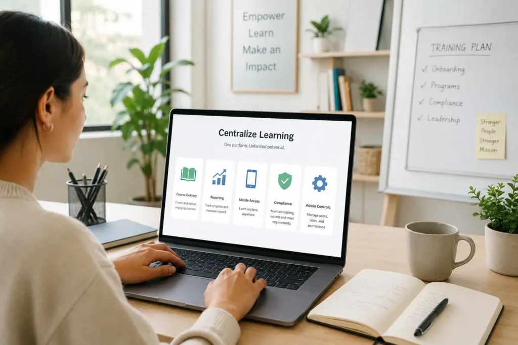 a bright, modern office scene that communicates centralised learning through a clean LMS dashboard and an organised training workspace, without using a dark theme or an infographic.