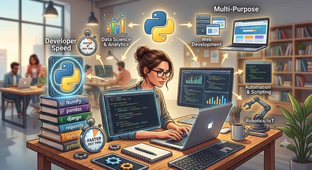Developer using Python for web development, data science, automation, and robotics with popular Python libraries displayed.
