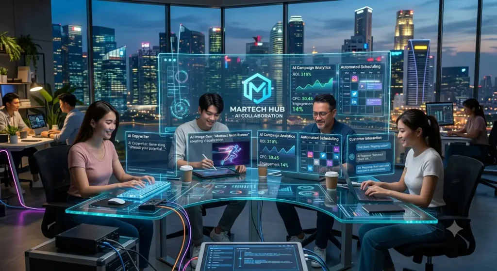 A futuristic marketing team collaborates in a modern office using AI-powered dashboards to generate content, automate social media scheduling, analyze campaign performance, and manage customer interactions through advanced digital workspaces.