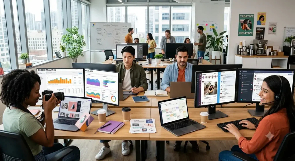 A modern social media marketing team collaborating in a bright office, with professionals creating content, analyzing campaign performance, managing social media platforms, and planning marketing strategies on multiple desktop monitors and laptops.