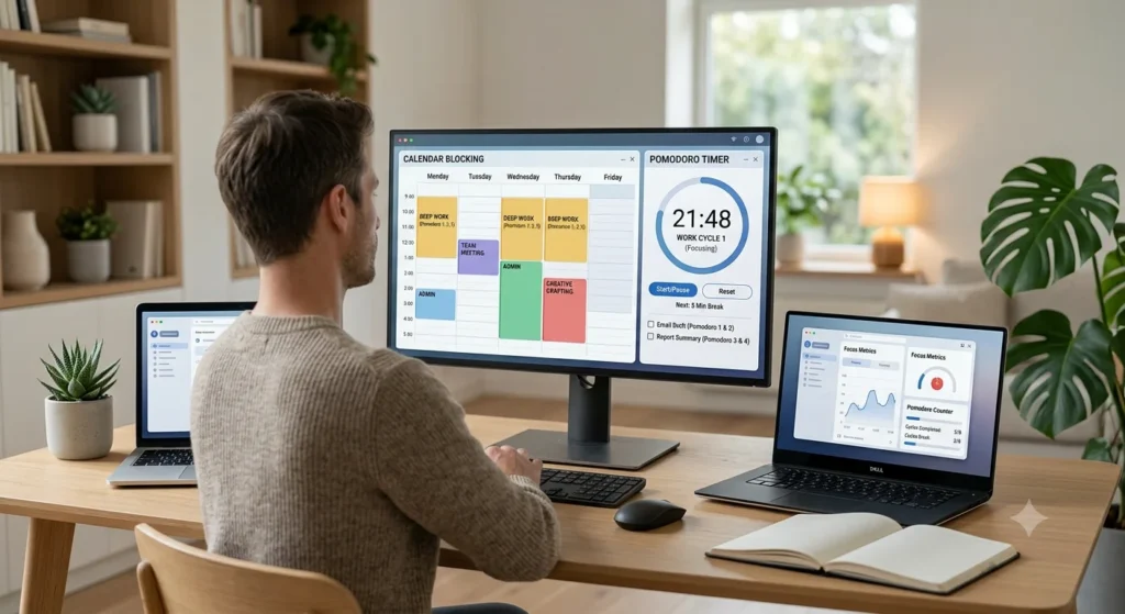 A remote professional using productivity tools at a home office desk, with a large monitor displaying calendar blocking and a Pomodoro timer alongside laptops showing task management and performance dashboards. The image highlights time management, focus, and productivity for remote work.