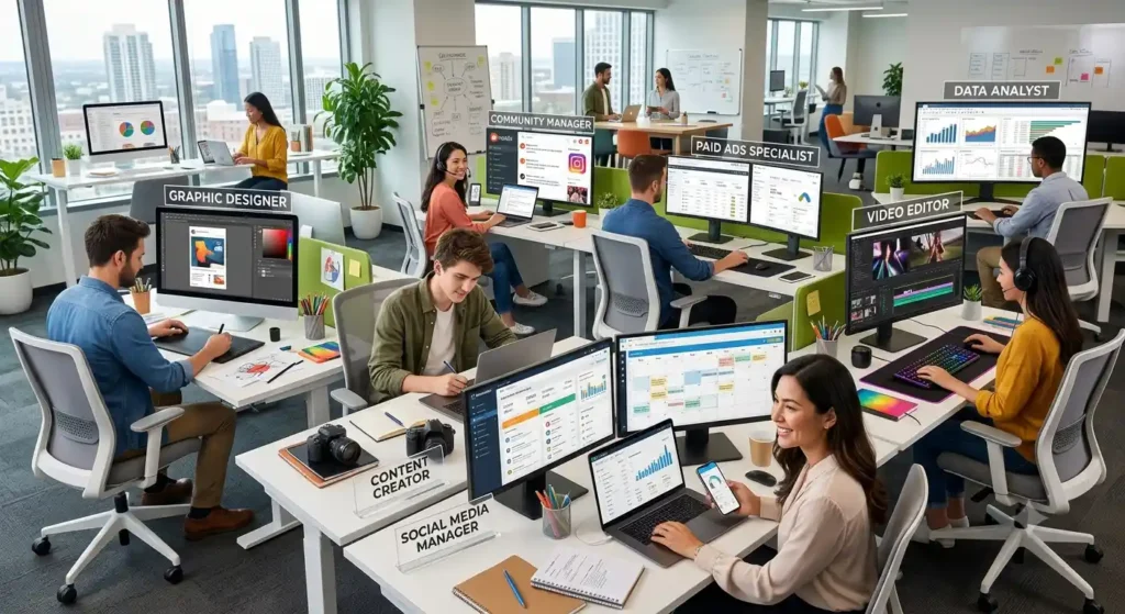 A modern social media marketing team working in a collaborative office, with professionals serving as a Social Media Manager, Content Creator, Graphic Designer, Community Manager, Paid Ads Specialist, Video Editor, and Data Analyst, each using specialized tools to create content, manage campaigns, and analyze performance.