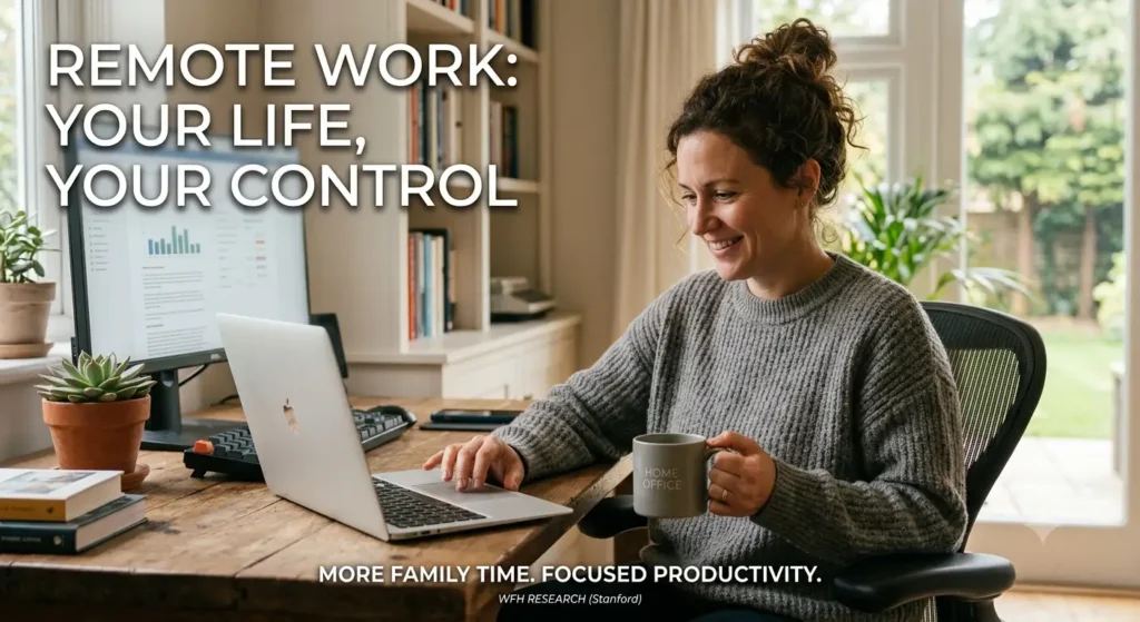 A person working remotely from a bright and comfortable home office, smiling while using a laptop at a wooden desk with a coffee mug, desktop monitor, books, and indoor plants. The image highlights the flexibility, productivity, and work-life balance of remote work
