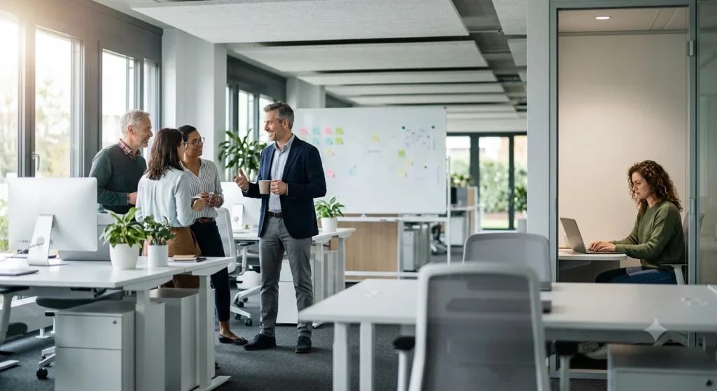 A modern hybrid workplace with employees collaborating in an open office while another team member works independently on a laptop in a private meeting room. The image illustrates the balance between teamwork, focused work, and flexible office environments.