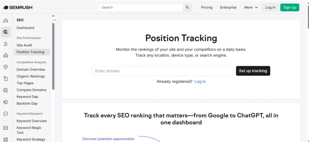 Home page of Semrush Position Tracking