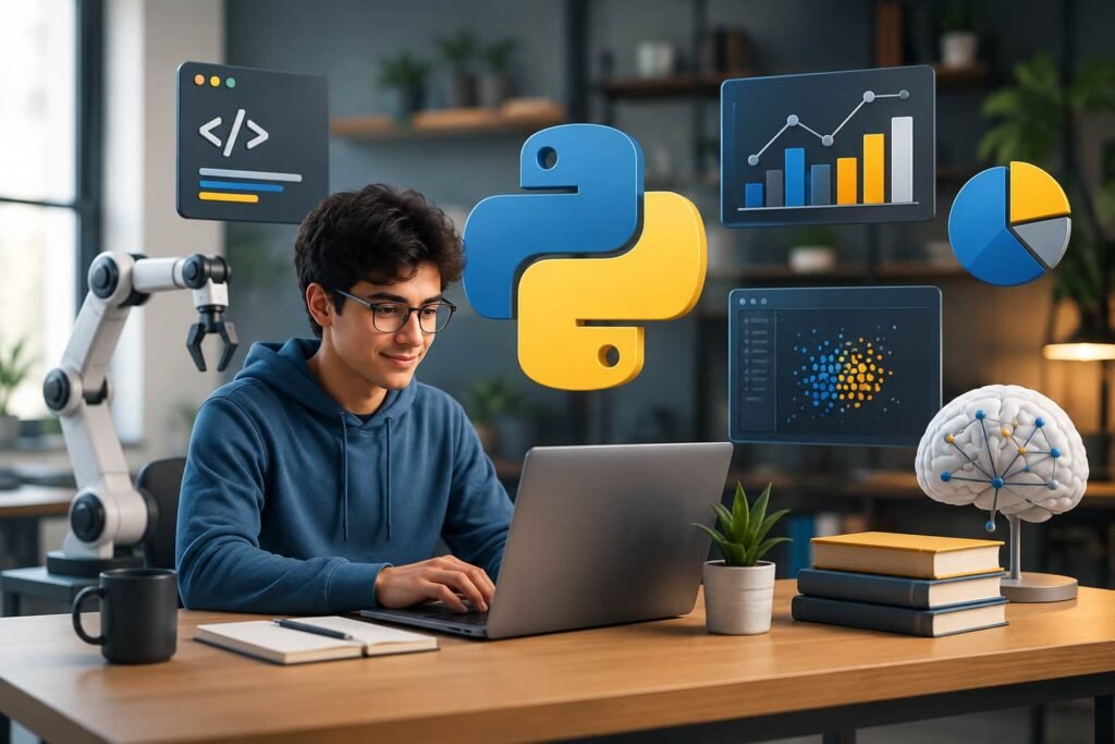 Person coding in Python on a laptop with AI, data analytics, and automation icons floating around the Python logo.