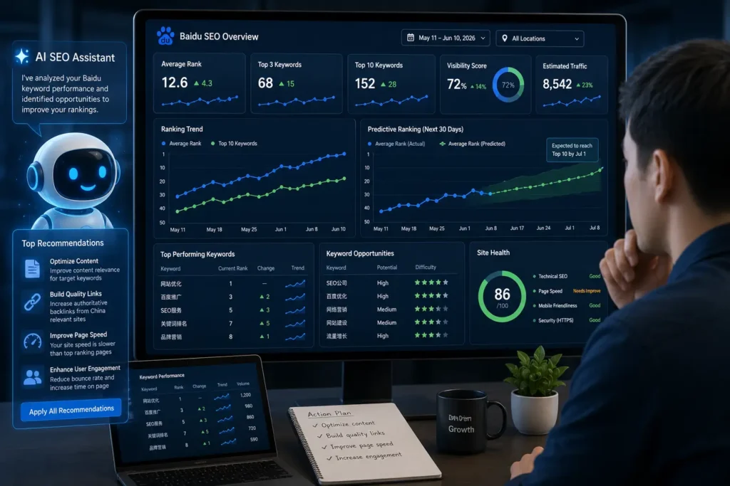 AI assistant analyzing Baidu SEO data with predictive ranking charts and automated optimization recommendations.