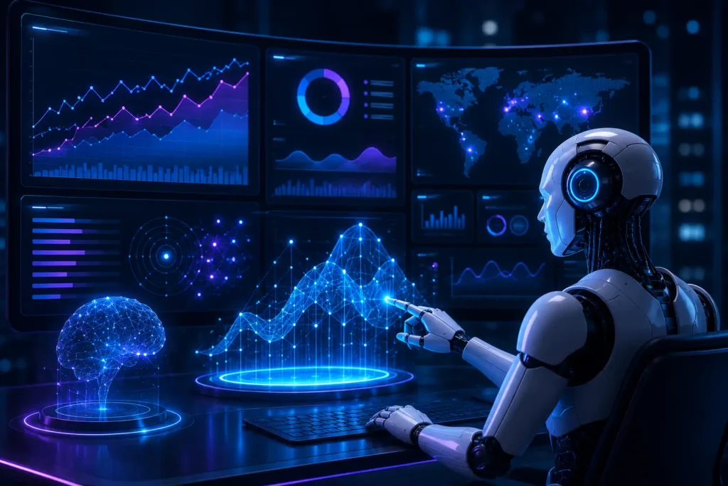 AI-powered analytics dashboard displaying real-time data visualizations, predictive graphs, global insights, and a humanoid robot analyzing business performance.