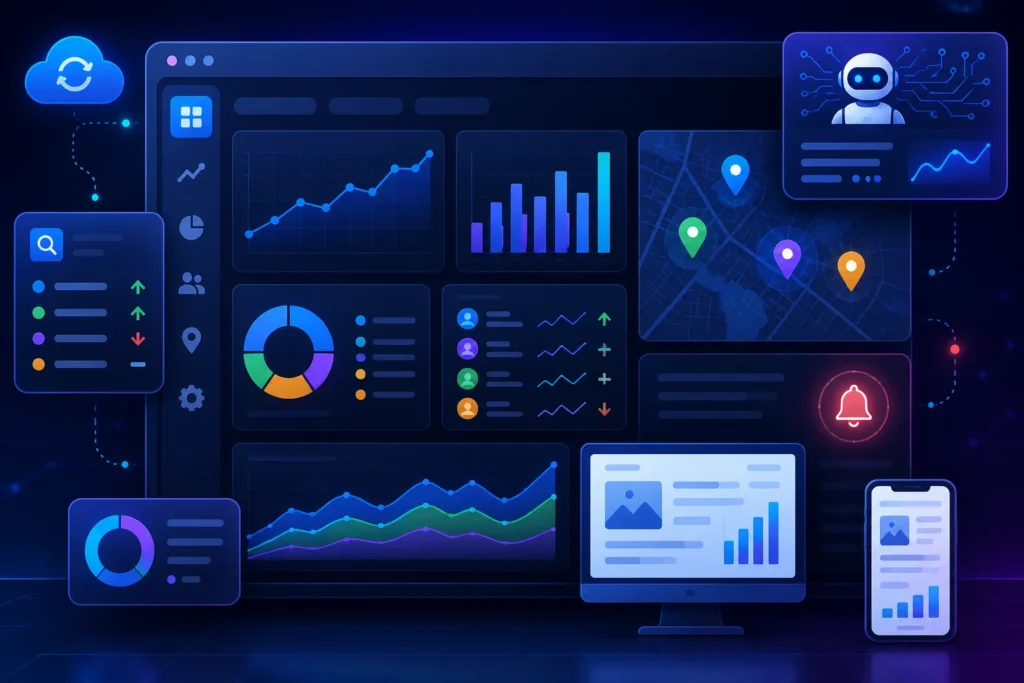 Feature-rich daily rank tracking software dashboard displaying keyword rankings, SEO analytics, AI insights, location tracking, performance charts, and multi-device reporting