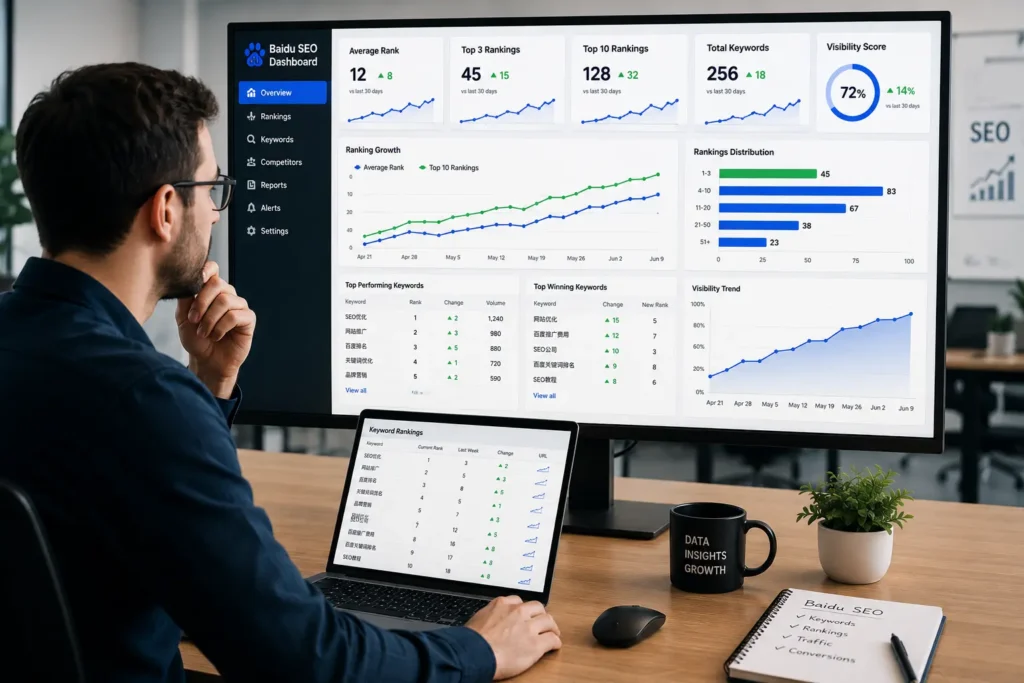 SEO analyst monitoring Baidu keyword rankings and performance metrics on an analytics dashboard.