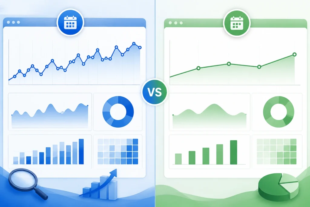 Side-by-side comparison of two analytics dashboards with line charts, bar graphs, pie charts, and performance metrics illustrating daily rank tracking software comparison