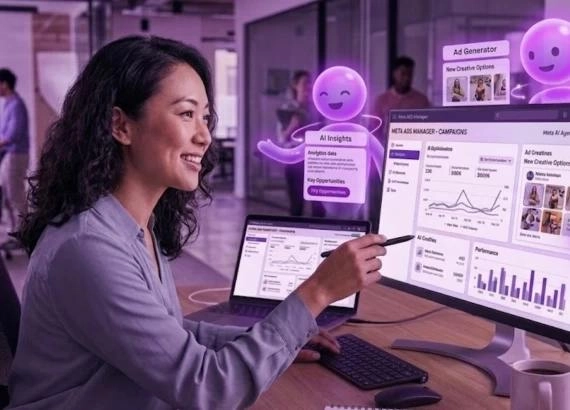 Marketing professional using AI tools to automate online advertising campaigns.