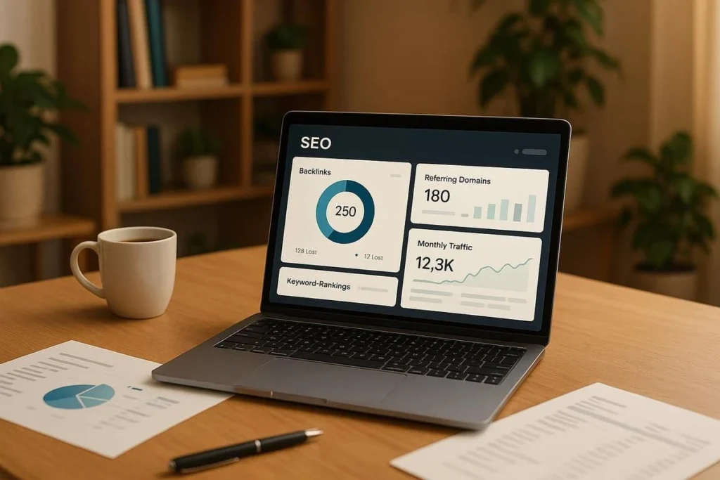 Laptop showing SEO dashboard with backlink analysis and referring domain statistics.