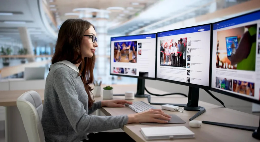 Person comparing multiple online reviews across different websites on dual monitors.
