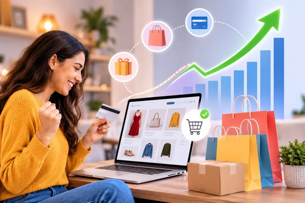 Customer shopping online on a laptop while celebrating a successful purchase with a credit card, shopping bags, and a delivery box, alongside an upward growth chart representing increased sales, higher conversions, and business revenue growth through online advertising