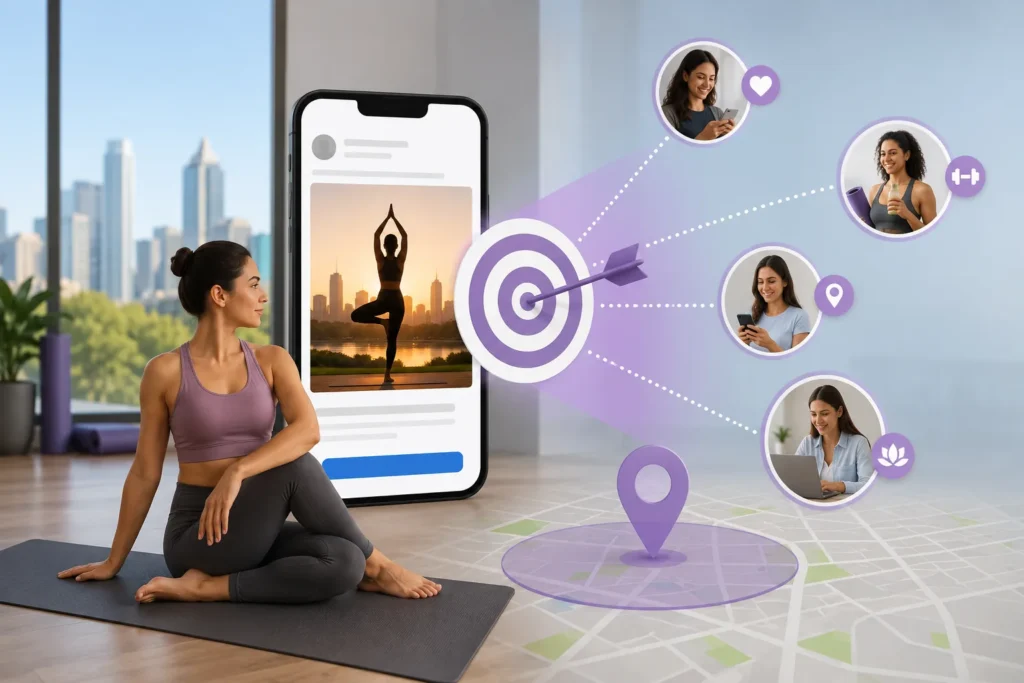Illustration of a yoga studio using digital advertising to reach a highly targeted local audience, with a smartphone displaying a fitness ad, audience profile icons connected to a target, and a location pin highlighting geo-targeted marketing.