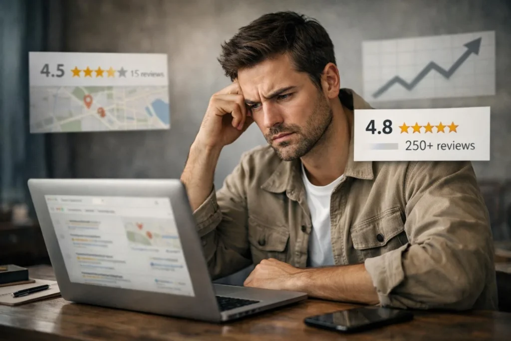 Person comparing online reviews and ratings while researching a website on a laptop