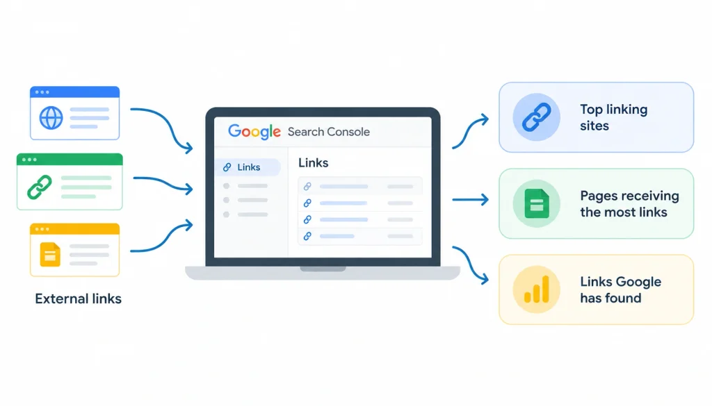 Google Search Console Links report showing external backlinks, top linking sites, and pages receiving links.