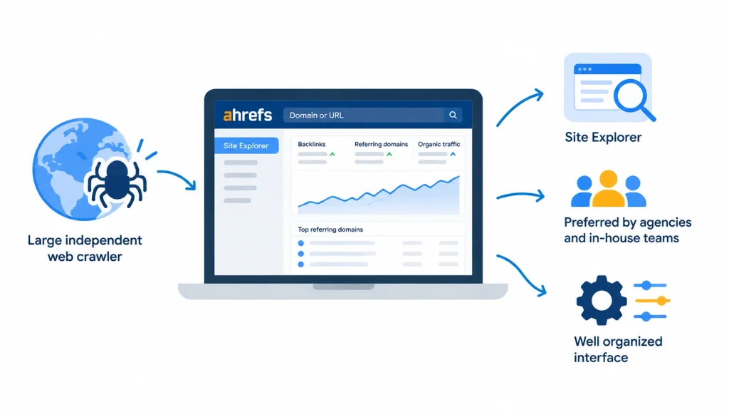 Ahrefs Site Explorer dashboard showing backlink analysis, a large web crawler, referring domains, and organized SEO data.