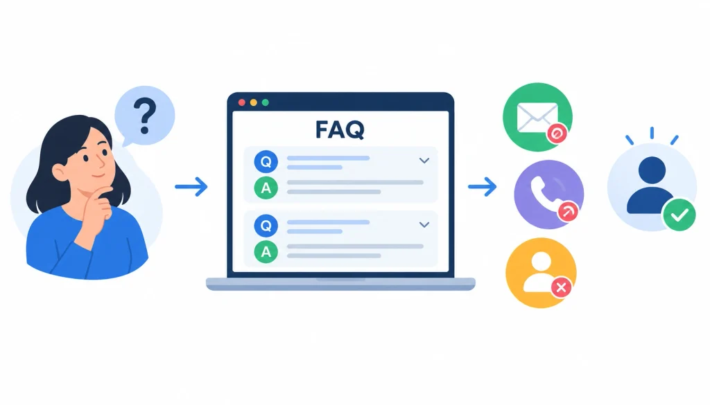 FAQ website illustration showing a customer with a question, an FAQ panel on a laptop, and icons representing email, phone support, and customer satisfaction.