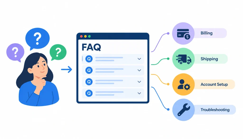 Illustration of a dedicated FAQ page with a central FAQ panel connected to four topic icons: billing, shipping, account setup, and troubleshooting.