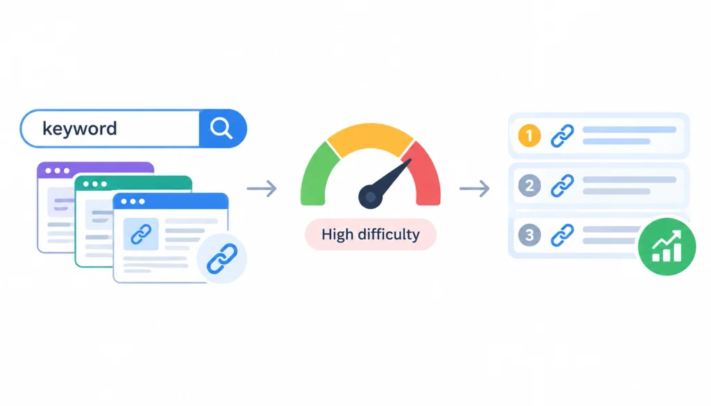 Keyword difficulty measured by top-ranking pages and backlink strength.