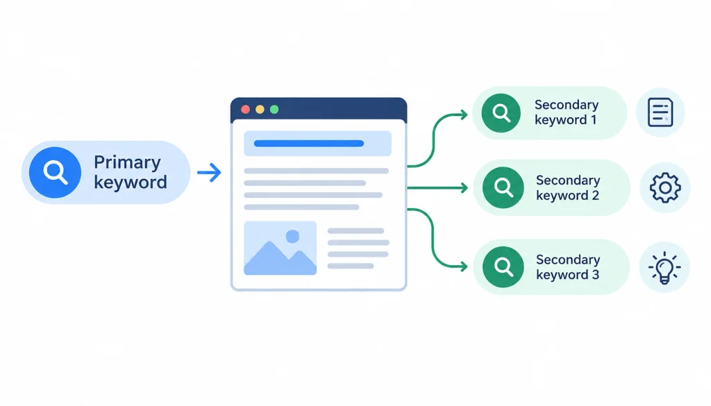 Infographic showing a primary keyword connected to a webpage and three secondary keywords, illustrating how primary and secondary keywords work together in SEO.