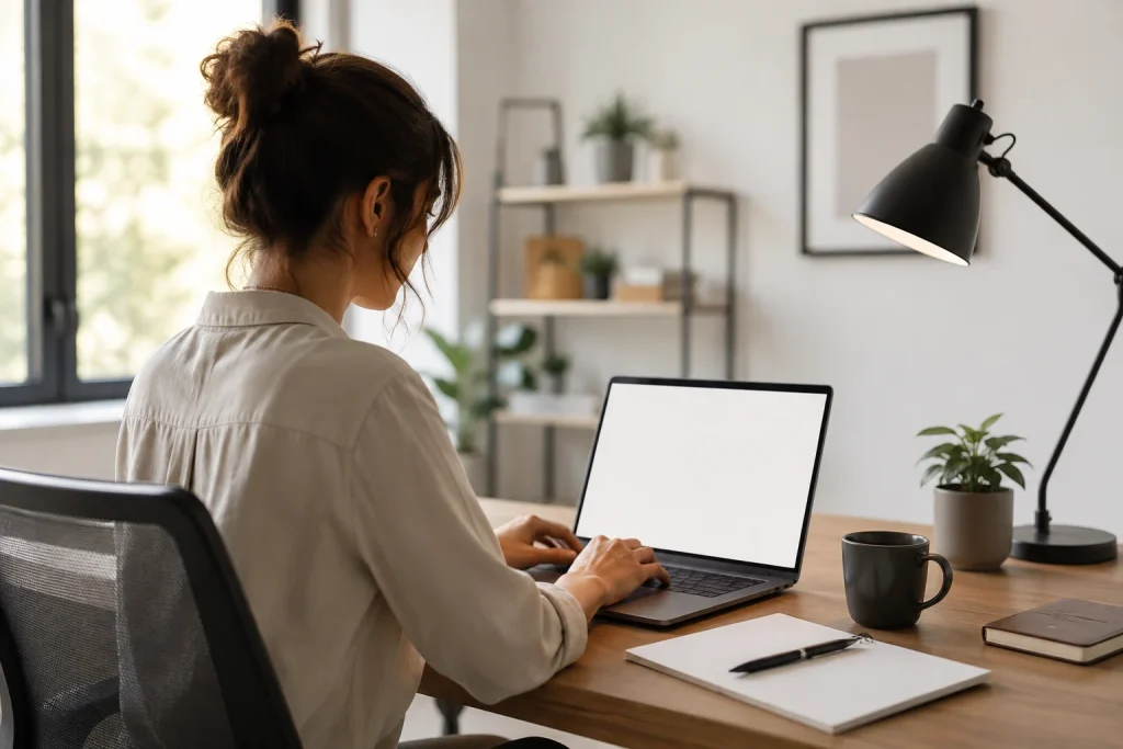 A woman working on a laptop at a home office desk with a notebook, coffee mug, desk lamp, and plants.