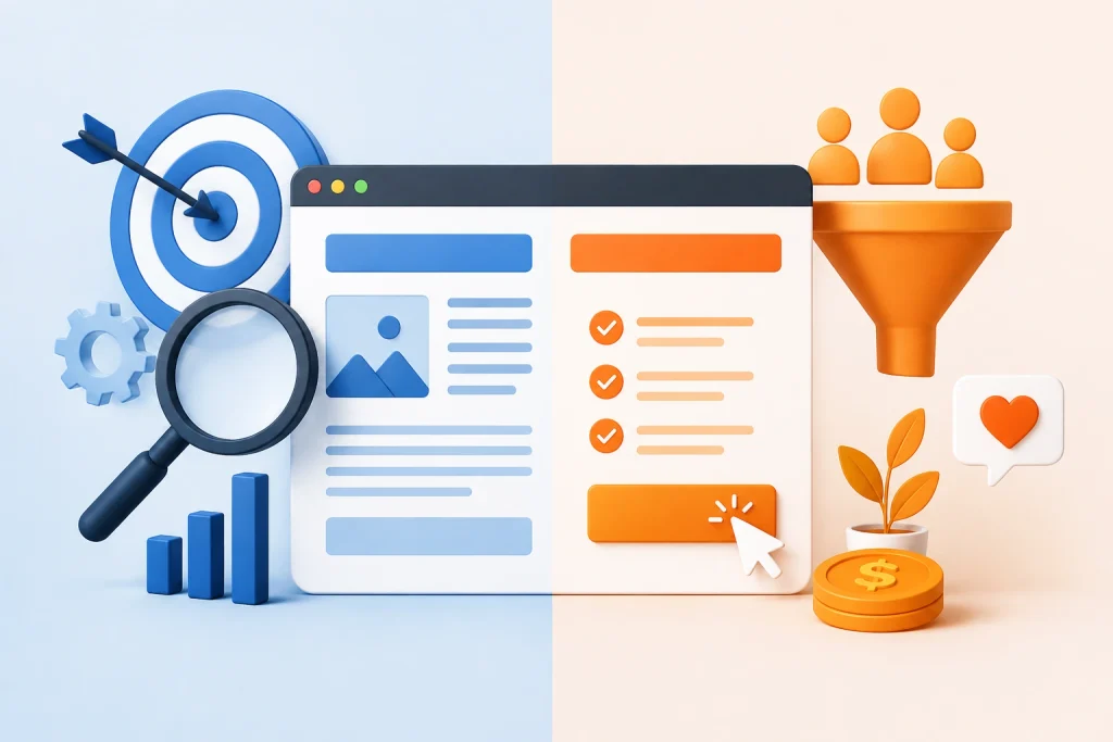 SEO and conversion copywriting concept shown as a split-screen website illustration with search and analytics icons on one side and a conversion funnel with a call-to-action button on the other.