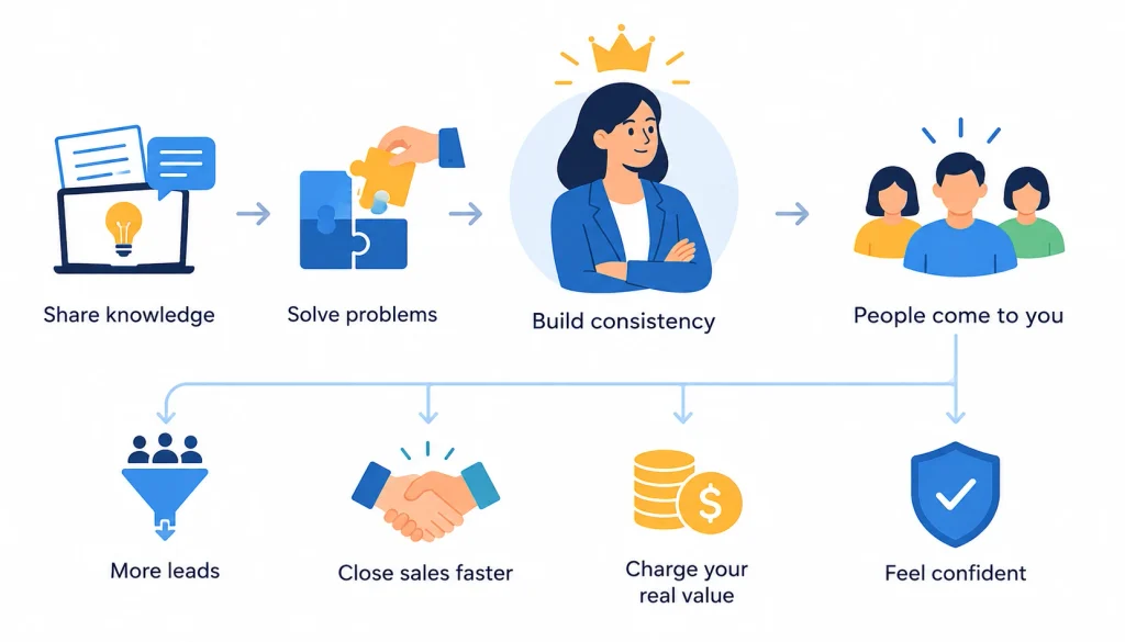 Authority marketing infographic showing knowledge sharing, problem-solving, consistency, trust, and business growth.