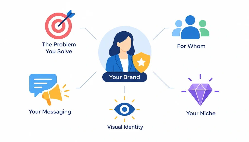 Personal and corporate branding infographic showing brand positioning through problem-solving, target audience, messaging, visual identity, and niche selection.