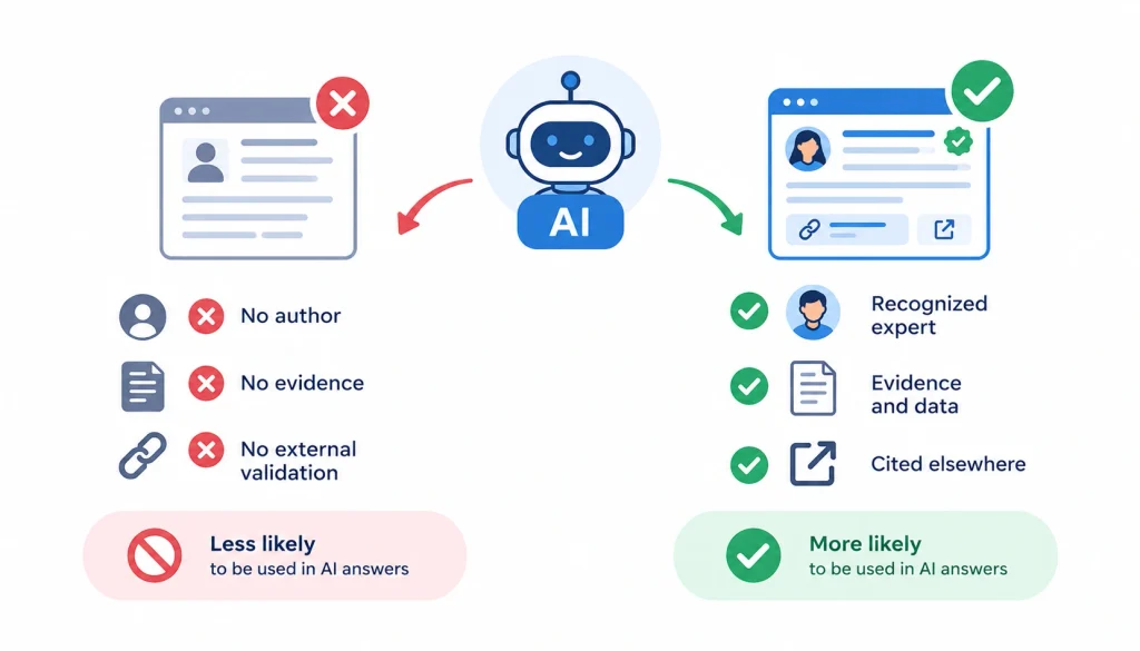 Infographic showing how authority improves AI-generated answers, with expertise, evidence, and external citations making content more likely to be selected.