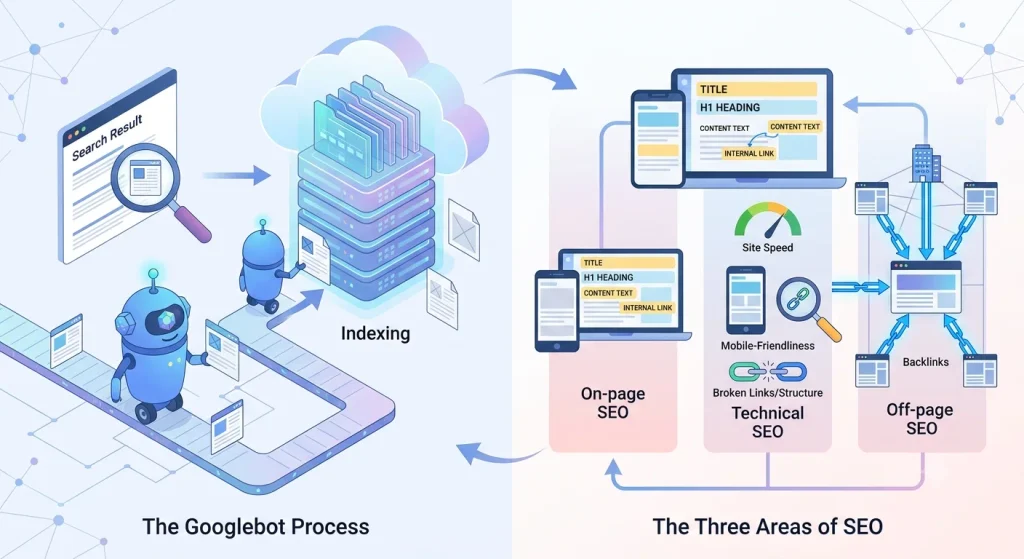 An infographic illustrating the SEO process, from crawling and indexing to on-page, technical, and off-page optimization.