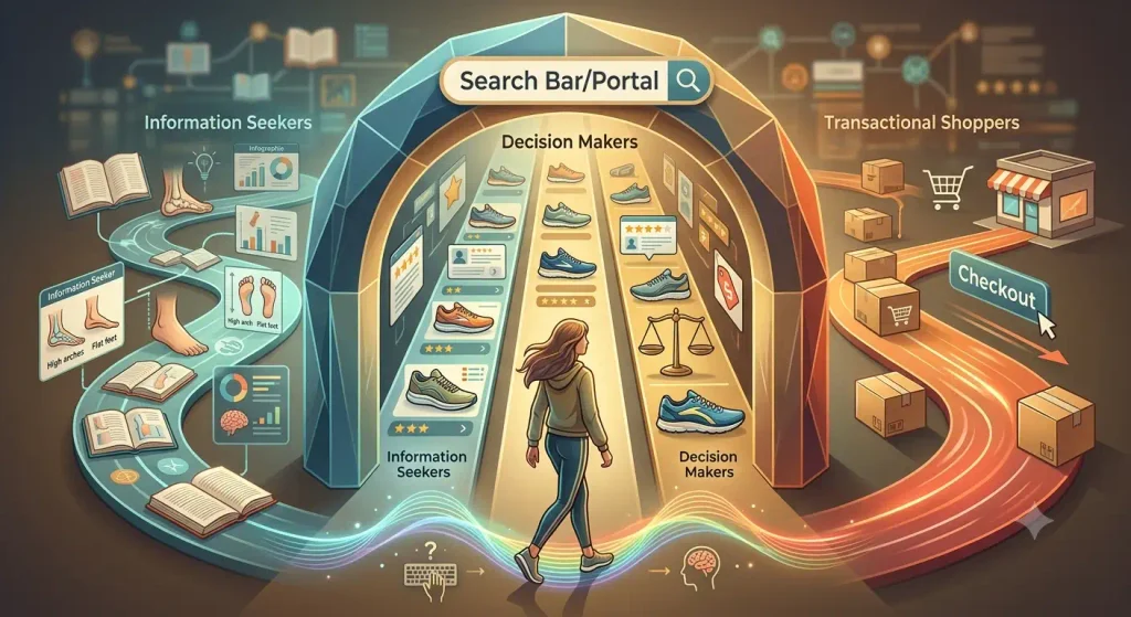 An infographic illustrating search intent paths, showing informational research on flat feet, running shoe comparison guides, and direct store checkout options.