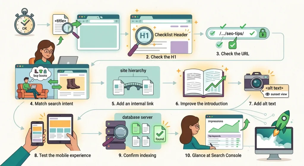 A step-by-step visual flowchart illustrating a 10-minute SEO checklist, featuring icons for checking title tags, H1 headers, URLs, search intent, internal links, introductory content, image alt text, mobile responsiveness, index status, and Search Console performance analytics.