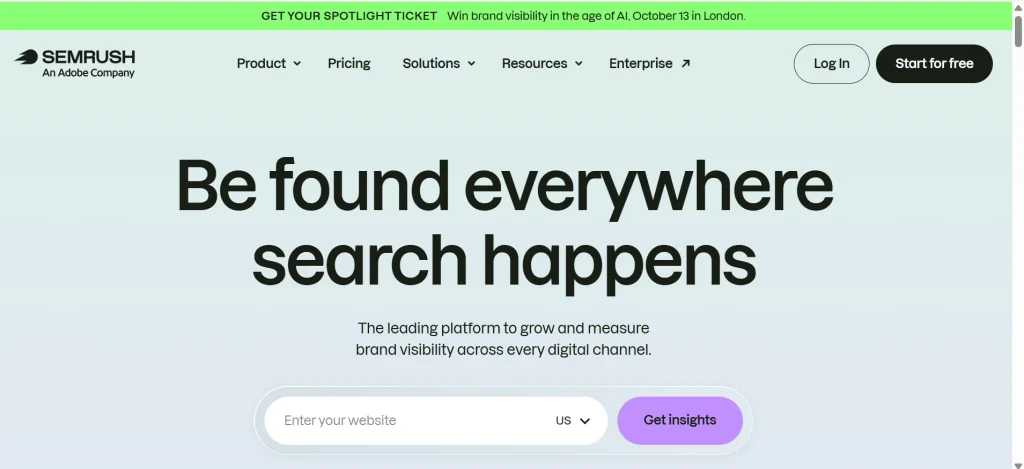 Home page of Semrush