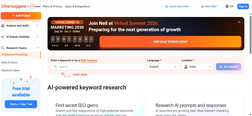 Home page of Ubersuggest