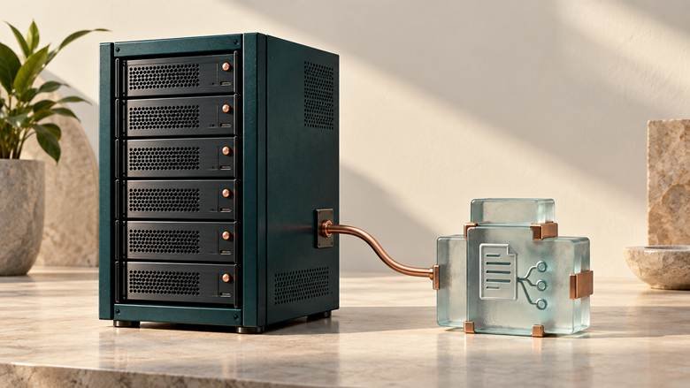A server cabinet connected to a glass module with a document and branching rules