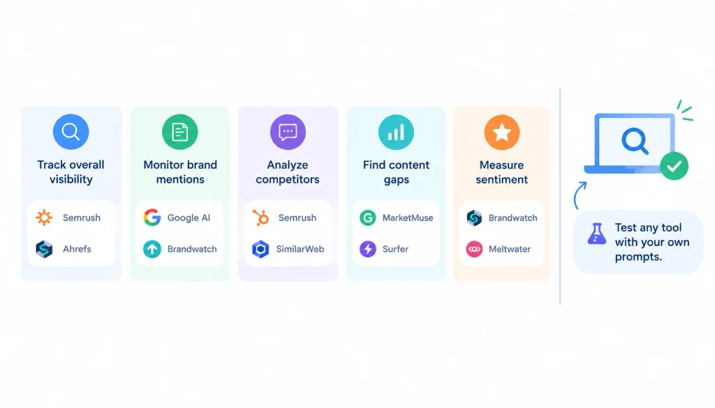 Best AI visibility tools by use case, showing options for tracking visibility, monitoring brand mentions, analyzing competitors, finding content gaps, and measuring sentiment.