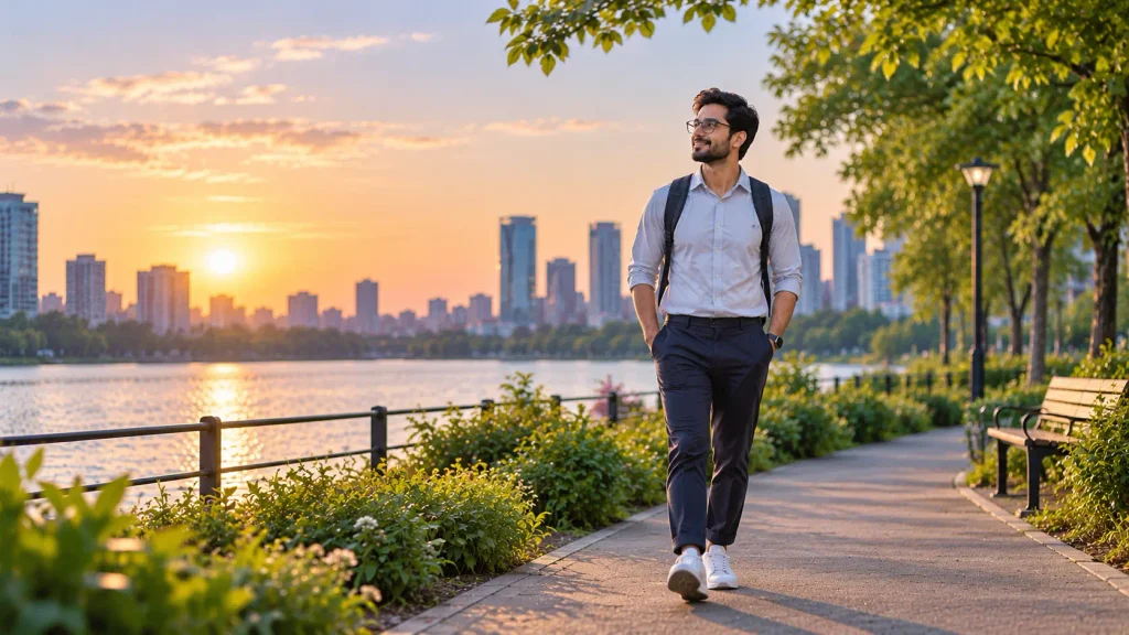 Tech professional taking an evening walk along a waterfront promenade at sunset to relax and unwind after work.