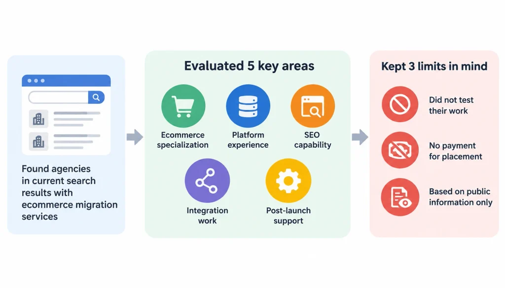 Infographic showing how eCommerce migration agencies are evaluated based on five criteria: eCommerce specialization, platform experience, SEO capability, integration expertise, and post-launch support, with transparency about selection limitations.