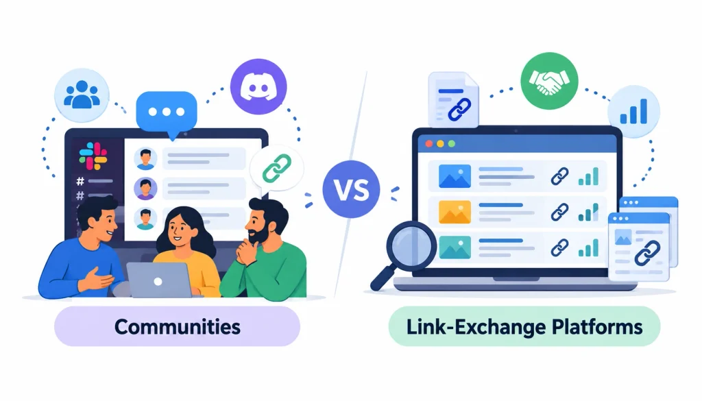 Communities vs. link-exchange platforms infographic comparing online networking groups with structured link-exchange platforms, featuring collaboration icons, chat interfaces, website listings, backlink symbols, and analytics dashboards on a white background.