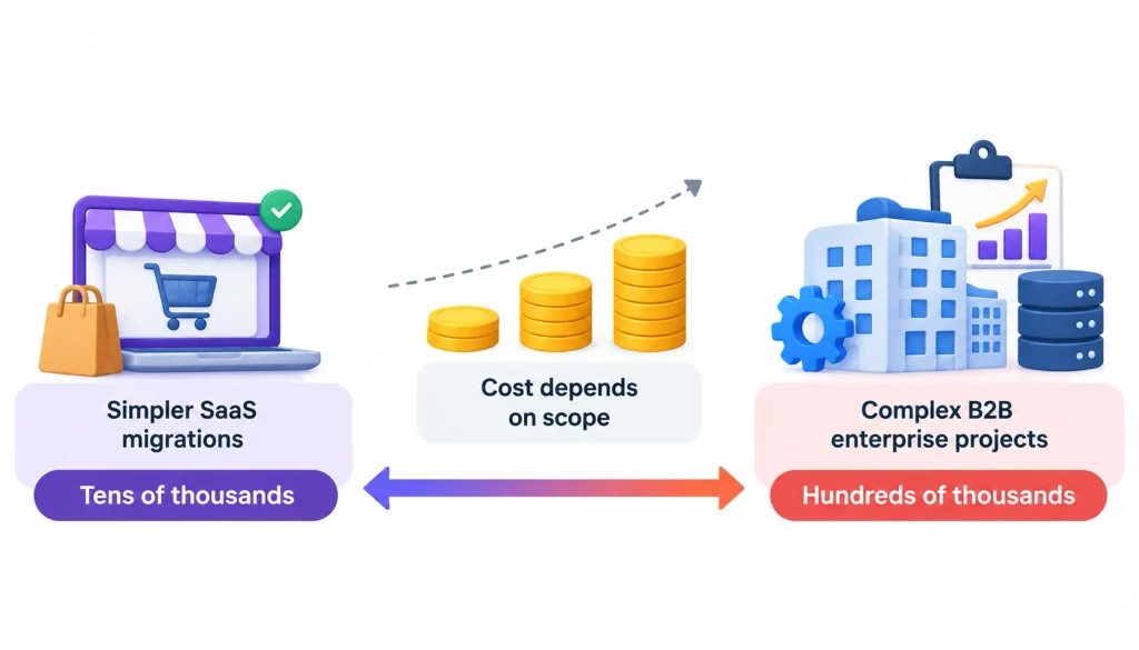 eCommerce migration cost comparison infographic showing simpler SaaS migrations costing tens of thousands and complex B2B enterprise projects reaching hundreds of thousands, depending on project scope.