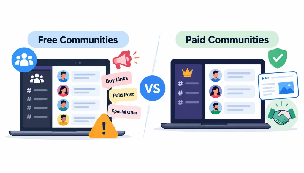 Free vs. paid communities for guest post exchanges infographic comparing open networking groups with paid communities, highlighting promotional clutter and potential spam in free groups versus organized discussions, moderation, and collaboration opportunities in paid groups.