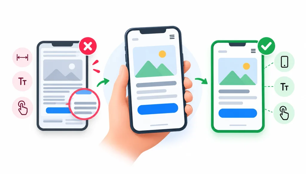 Mobile usability infographic showing a poorly optimized page with tiny text and narrow buttons compared with a mobile-friendly page with readable content, responsive layout, and clear buttons.