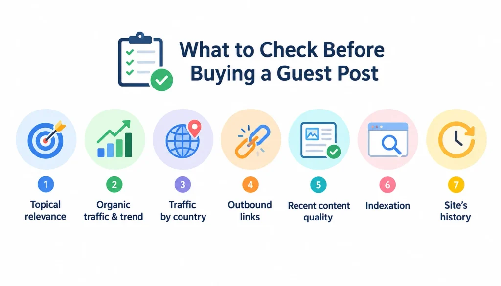 Guest post site evaluation checklist showing topical relevance, organic traffic, country traffic, outbound links, content quality, indexation, and site history.