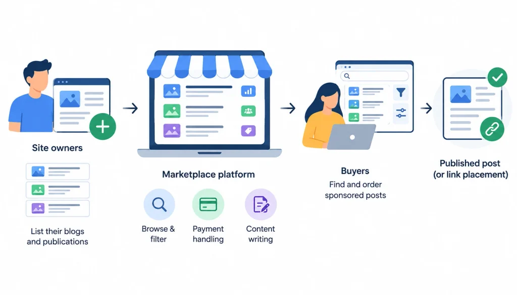 Guest posting marketplace showing site owners, marketplace browsing and payment, buyers, and sponsored post publication.