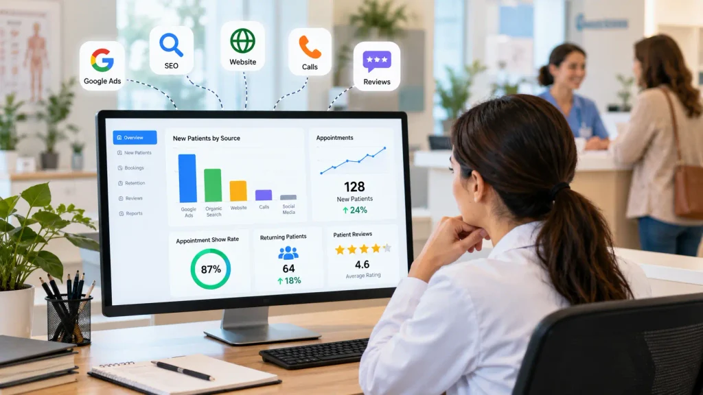 Healthcare professional reviewing a data-driven marketing dashboard showing patient acquisition, appointment attendance, retention, and online reviews.